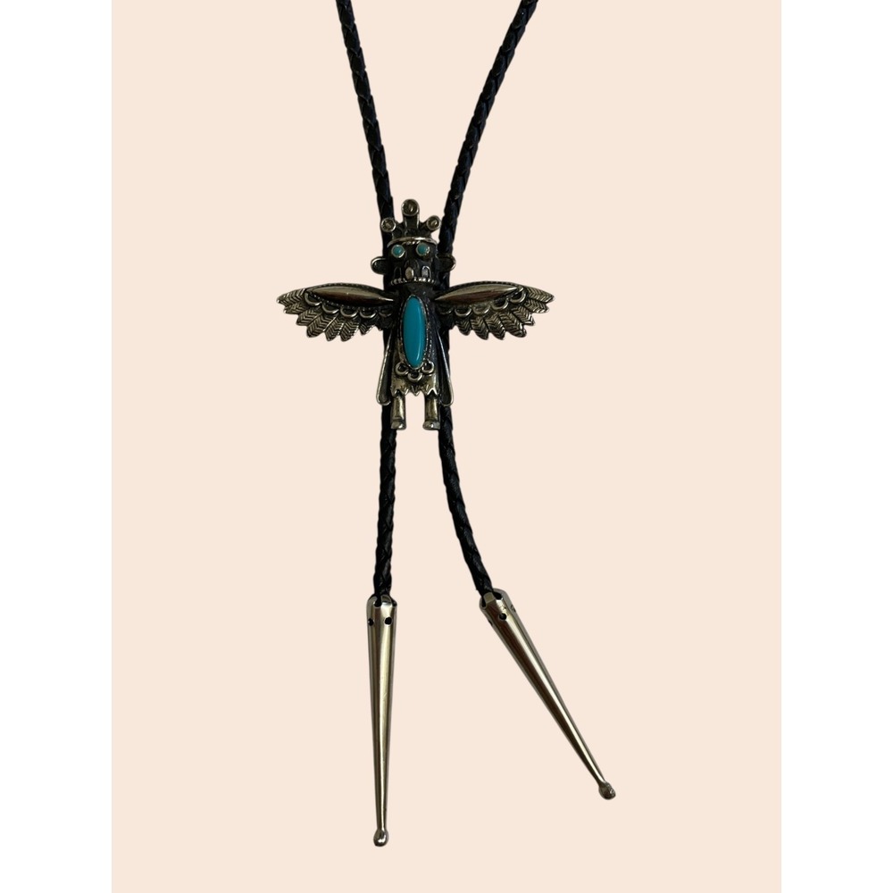 Vintage Sancrest Bolo Tie Eagle Dancer Kachina Silver Tone Faux Turquoise 34"